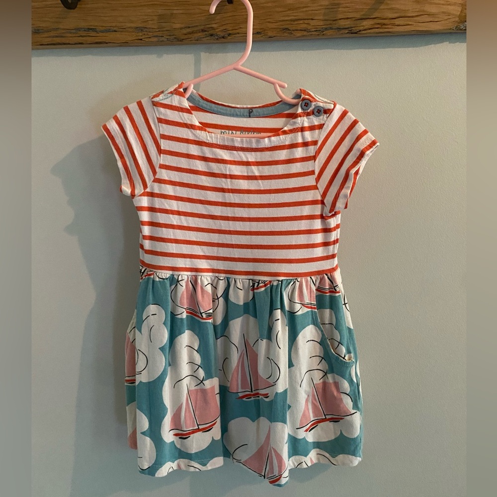 Mini Boden Orange Striped and Blue Sailboat Dress